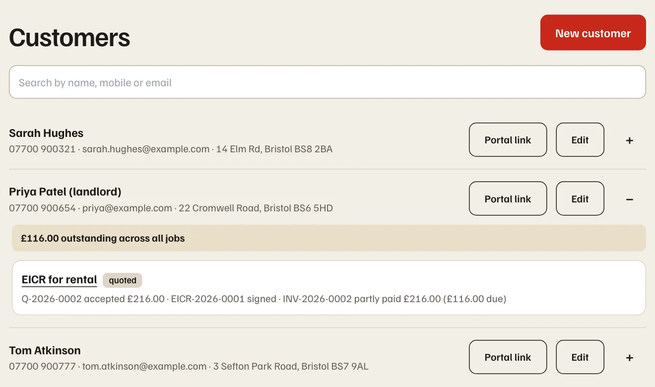 The customers list with one landlord's outstanding balance across all their jobs