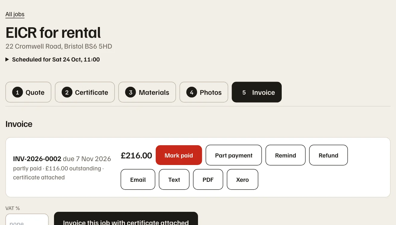 An invoice on an EICR job, part paid, with the certificate attached and buttons to email, text or download it