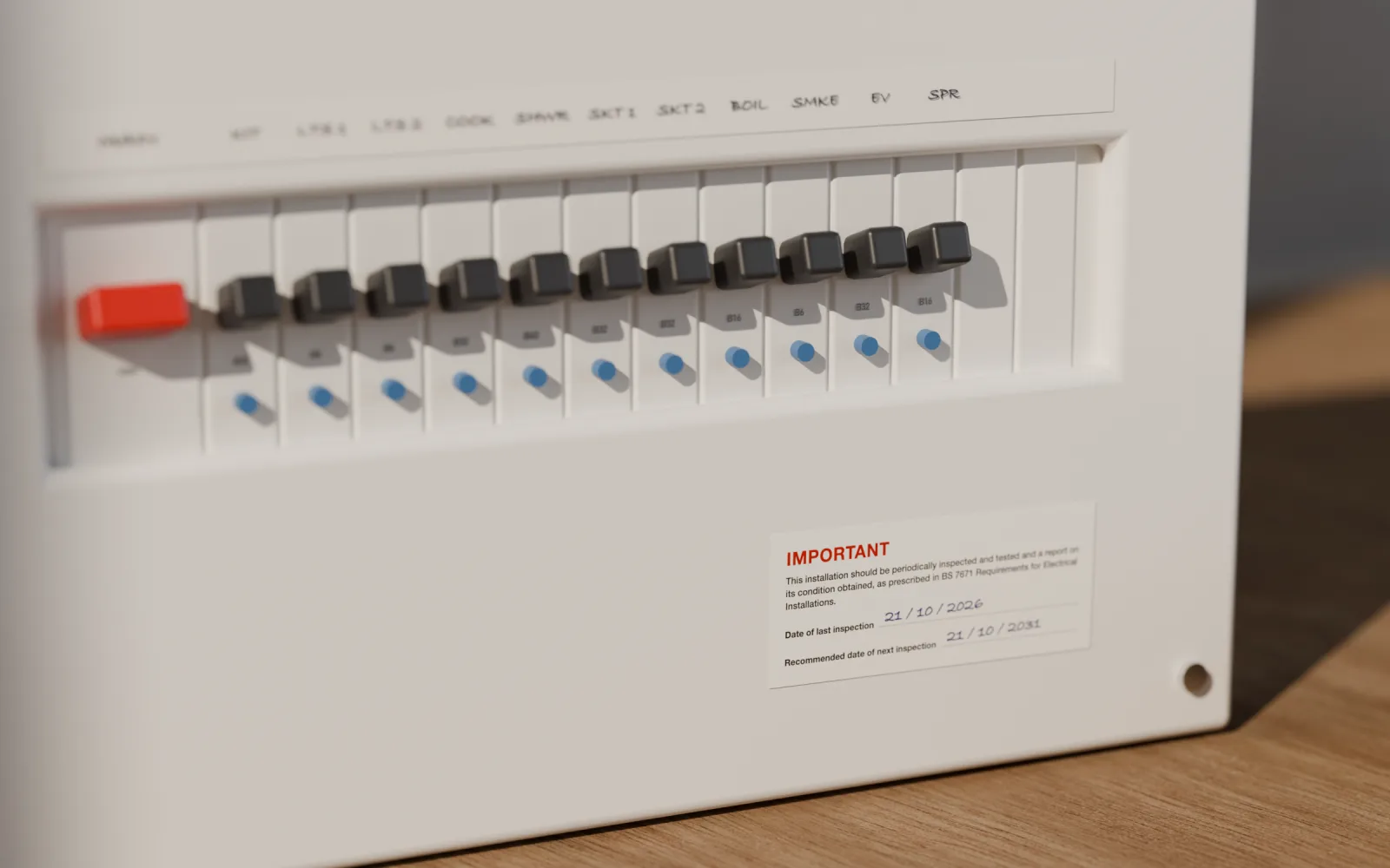 A consumer unit with handwritten circuit labels and a periodic inspection notice
